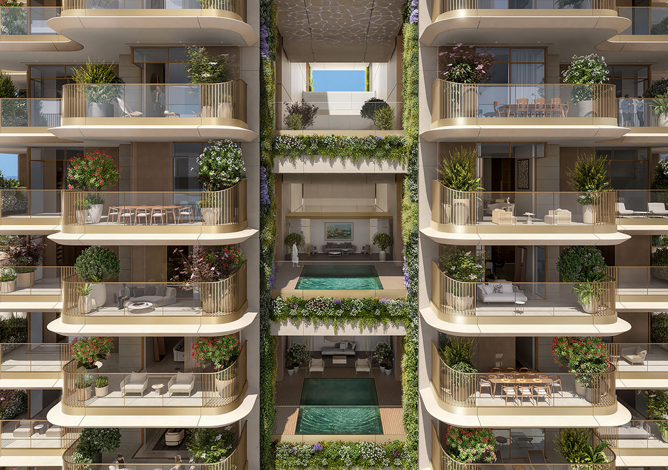 εξωτερική εικόνα του κτιρίου με μπαλκόνια και πισίνες