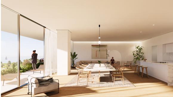 πανοραμική εικόνα του σαλονιού και της κουζίνας διαμερίσματος